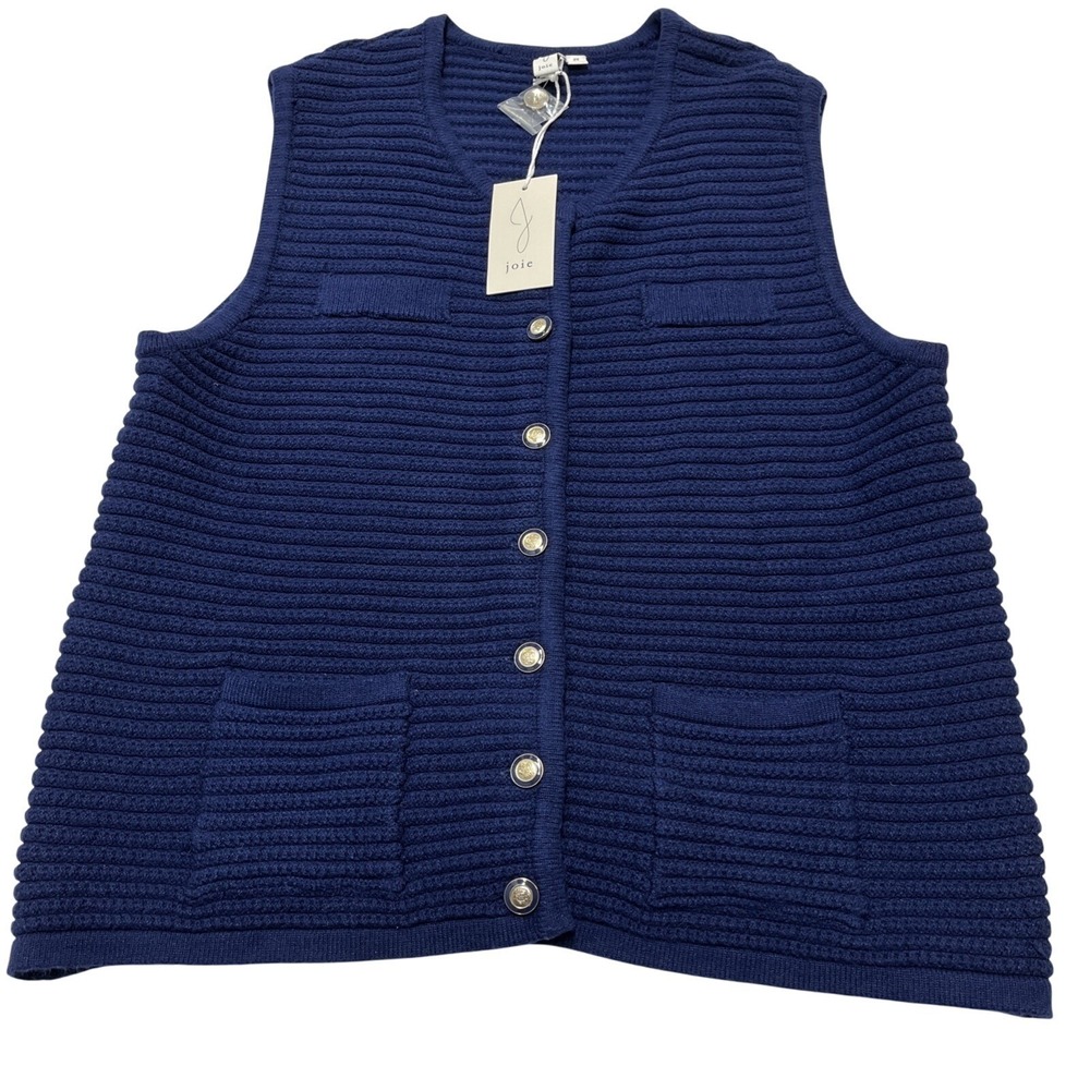 Joie Sweater Vest Blue Cable Knit Gold Button Front Size 1X Office Career Layer